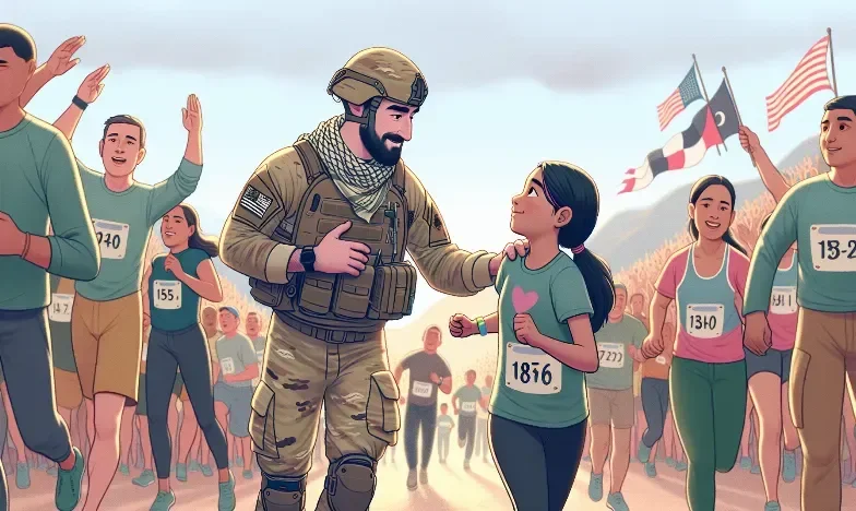 Żołnierz Blisko Mety, Zatrzymuje Się, Aby Zachęcić Młodą Dziewczynkę w Jej Pierwszym Biegu na 5 km